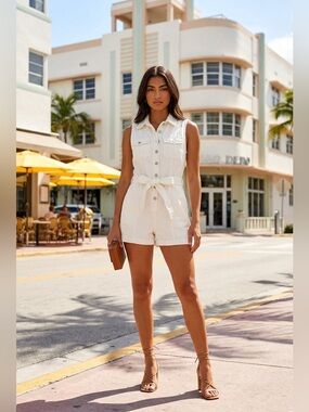 Amanda Uprichard NWT Greyson Sleeveless White Denim Utility Romper with Belt.